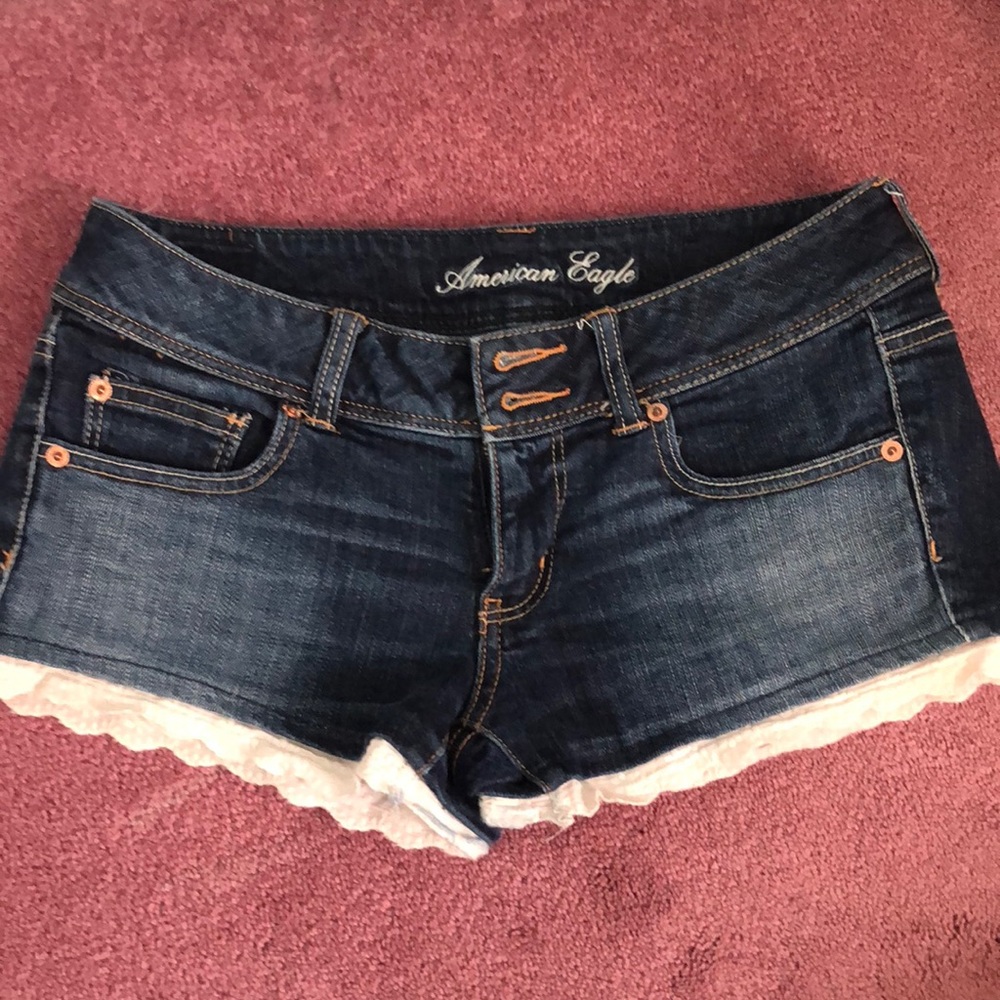 American Eagle Outfitters Dark Blue Denim Jean Shorts with White Lace Trim